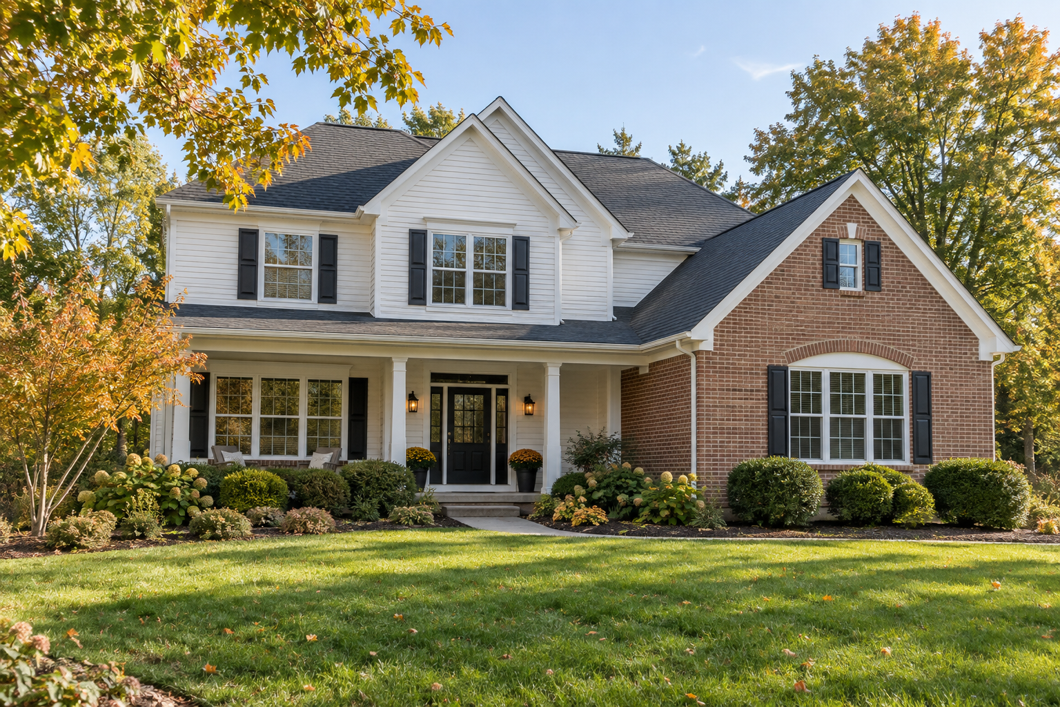 Illustrative home with a welcoming porch and autumn landscaping